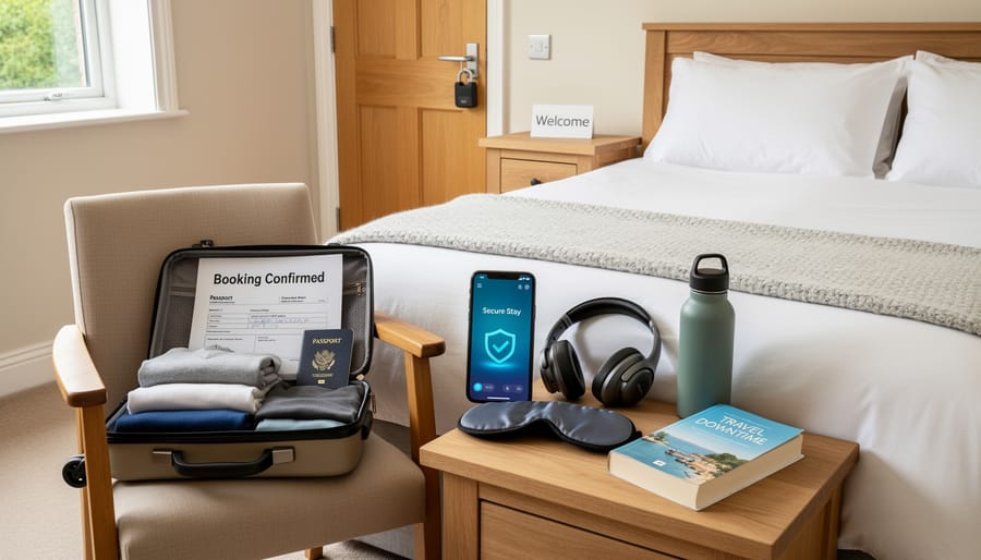 Cozy Canadian B&B bedroom with a wallet on the bedside table near a window.