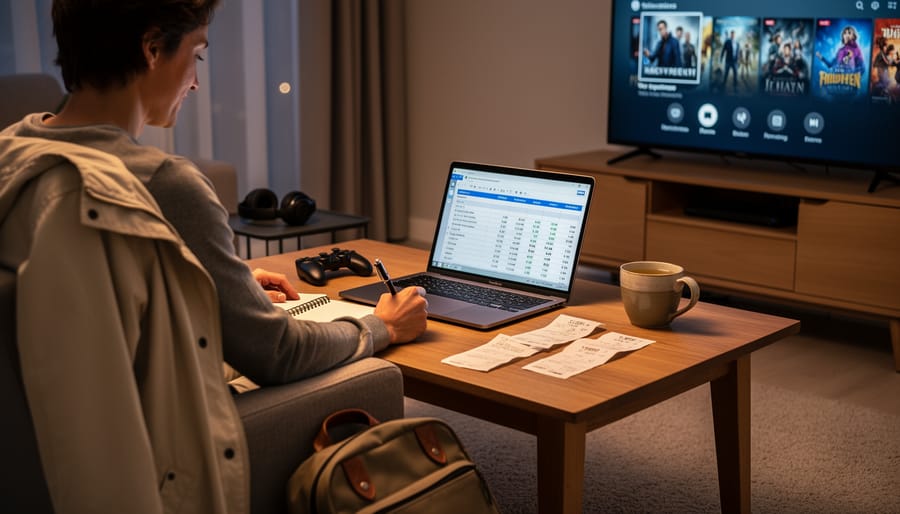Traveler at a desk at night checking a phone with a notebook nearby in a cozy B&B setting.